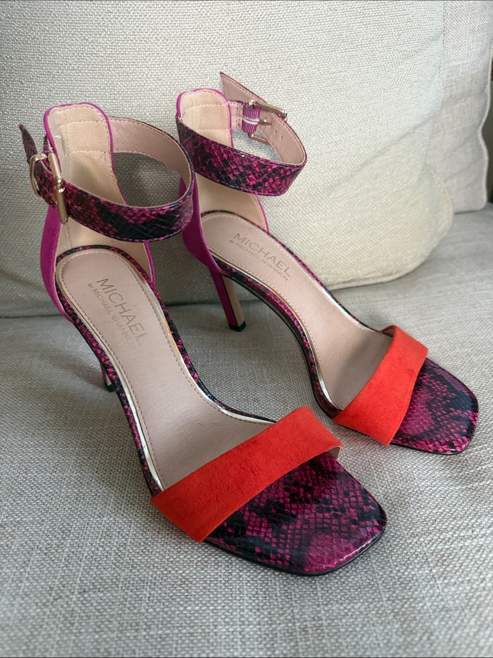 Michael Shannon Pink Snake-Print Heels with Orange Suede Strap